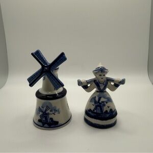 Blue and White Windmill Figurine Set of 2 Vintage